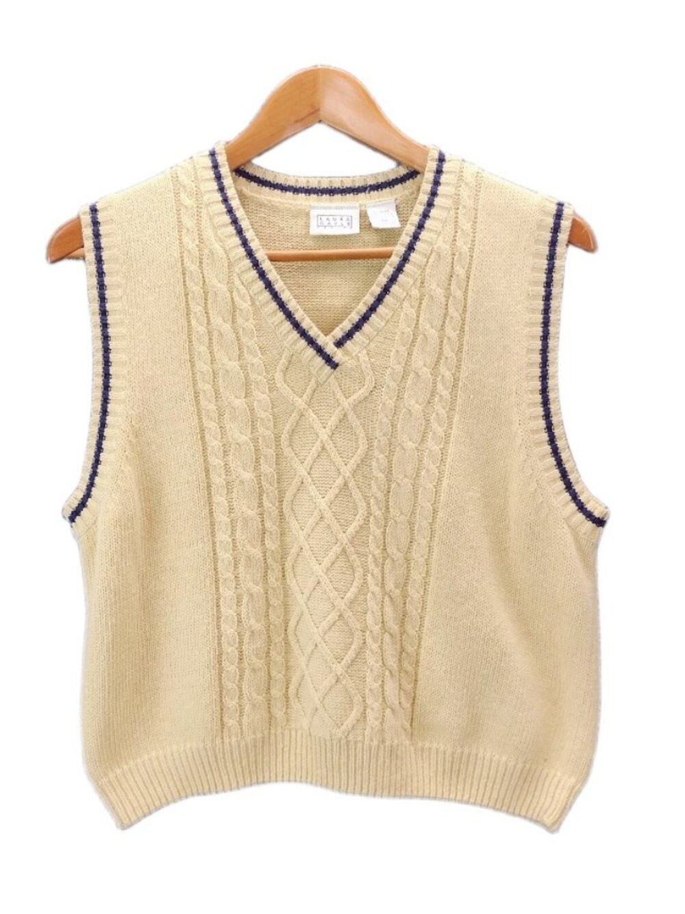 Vintage Laura Gayle Cotton Ramie Sweater Vest Cable Knit V Neck Navy Trim PM